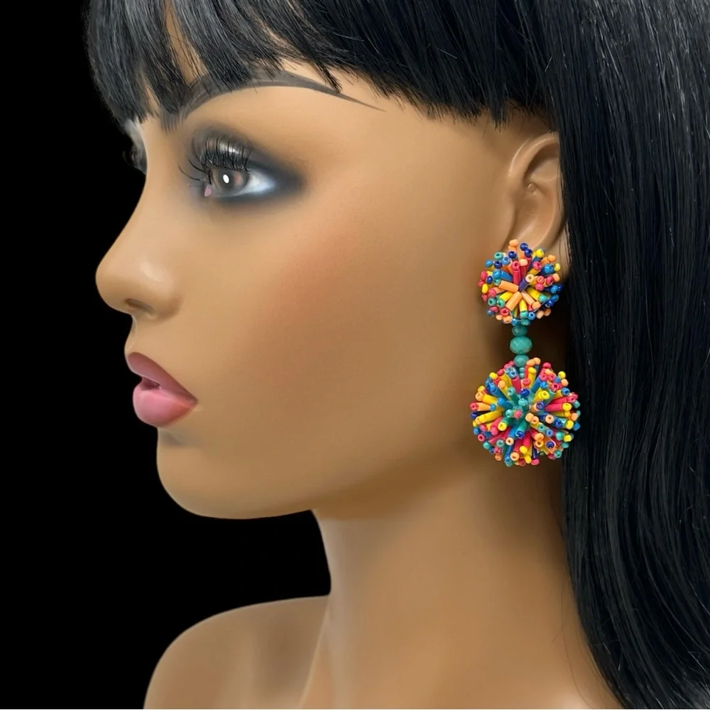 Funky Bead Burst Post Drop Multicolored Earrings - Picture 3 of 3
